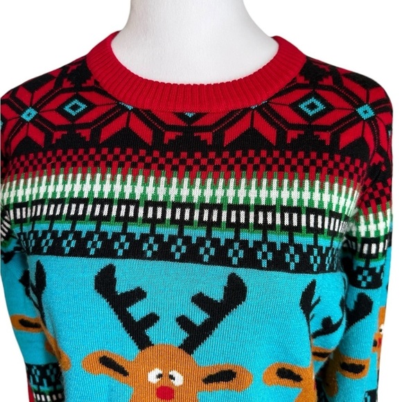 Reindeer Ugly Christmas Sweater HO HO HO Mixed Pattern Red Blue Size M - Picture 14 of 17